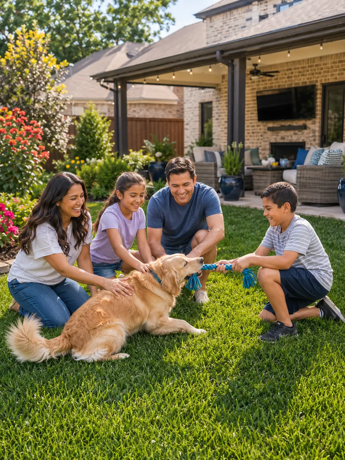 lawn care dallas happy family playing in yard